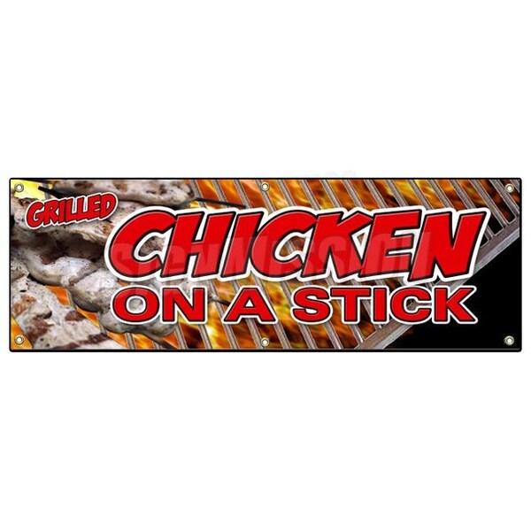 CHICKEN ON A STICK BANNER SIGN grilled skewer food snack fresh hot fried